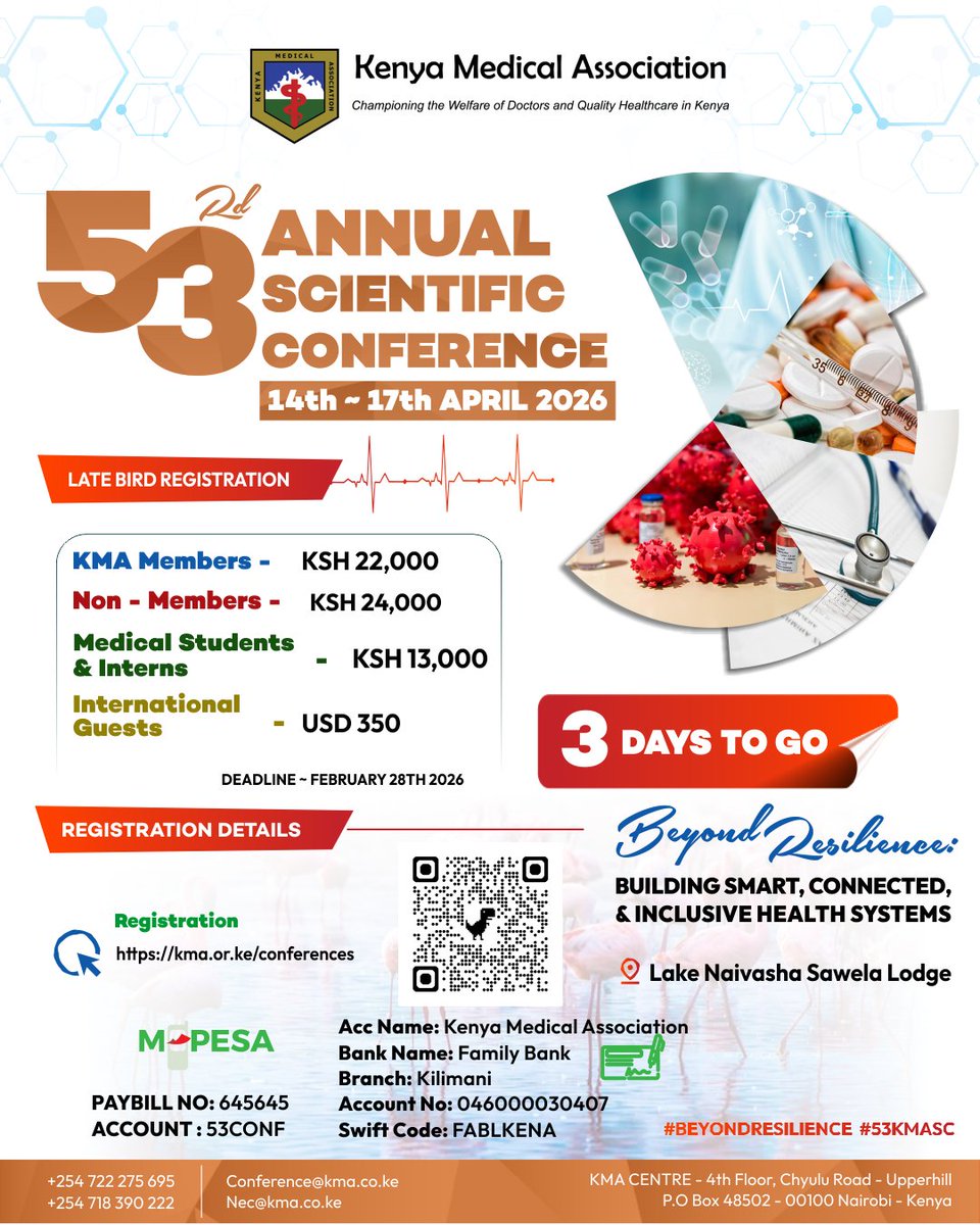 KenyaMedics_KMA's tweet photo. Access. Affordability. Innovation.
The future of therapeutics lies in balancing all three.
⏳ Late Bird Deadline: 3rd April
🖥️ Register NOW: https://t.co/DSACAYDSGl
Join experts shaping pharmaceutical and treatment solutions at the #53KMASC
#BeyondResilience https://t.co/Y79bIjES6R