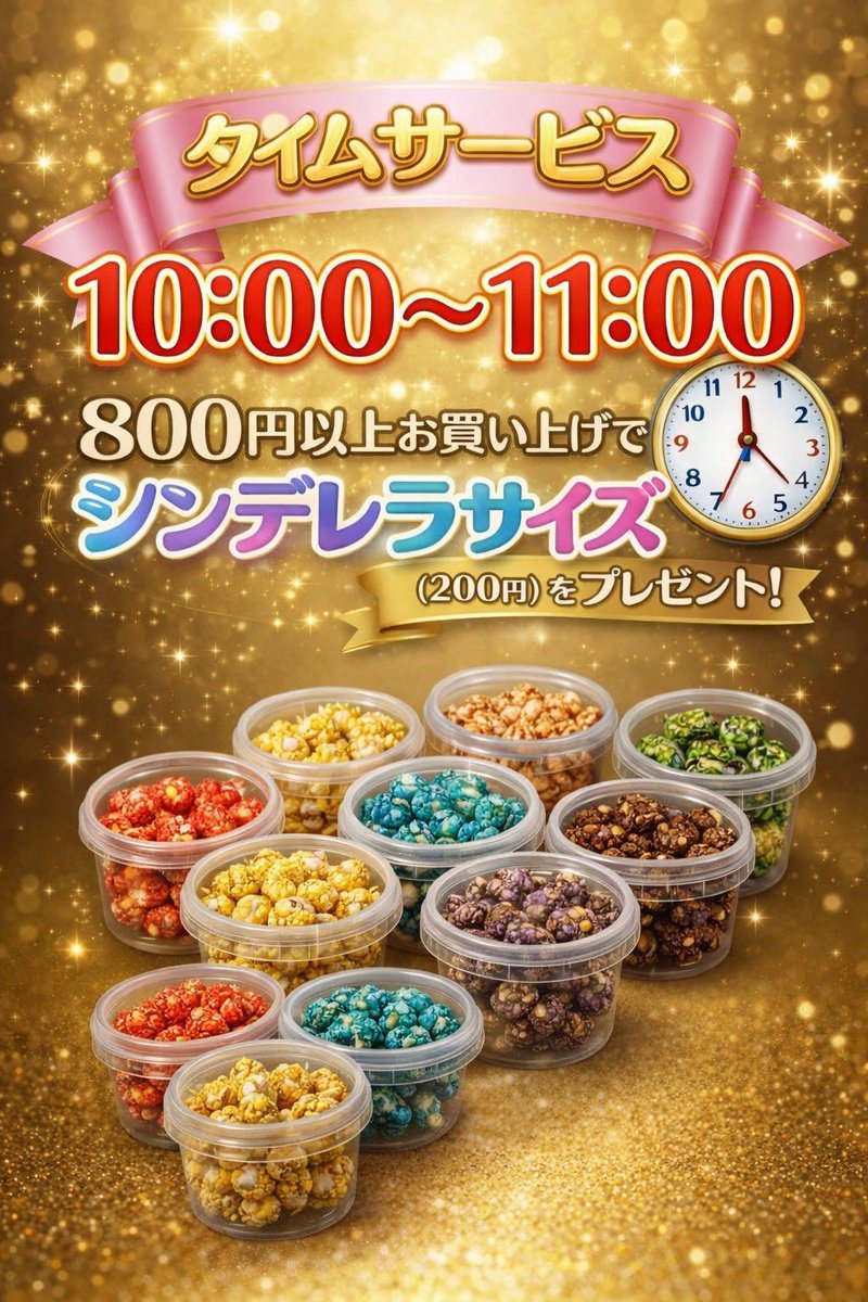 10時〜11時はモーニングサービス🍿

2026年４月より営業時間が変更で10時から19時までになります。11時までの来店、お買い上げが800円以上でお好きなシンデレラサイズ(200円)を差し上げます😊

新発売のrokko kuro トリュフもシンデレラサイズ始めました😌お試しにもイイね👍