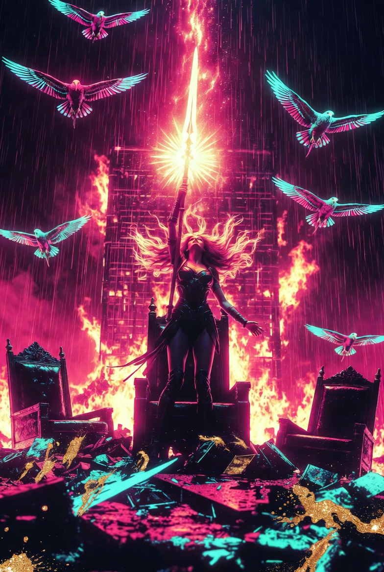 Cyb3er_Poeem7x's tweet image. Neon Freyja 🌹⚡  
#Neonrebellion #Freyja #CyberpunkPoetry
Neon on broken thrones. 
Golden tears = encrypted jewels. 
Freyja rides the grid like war on heels. 
Falcons hack the sky.
She splits the fallen — half hers, 
half rebels. Brísingamen burns forbidden 
code around her