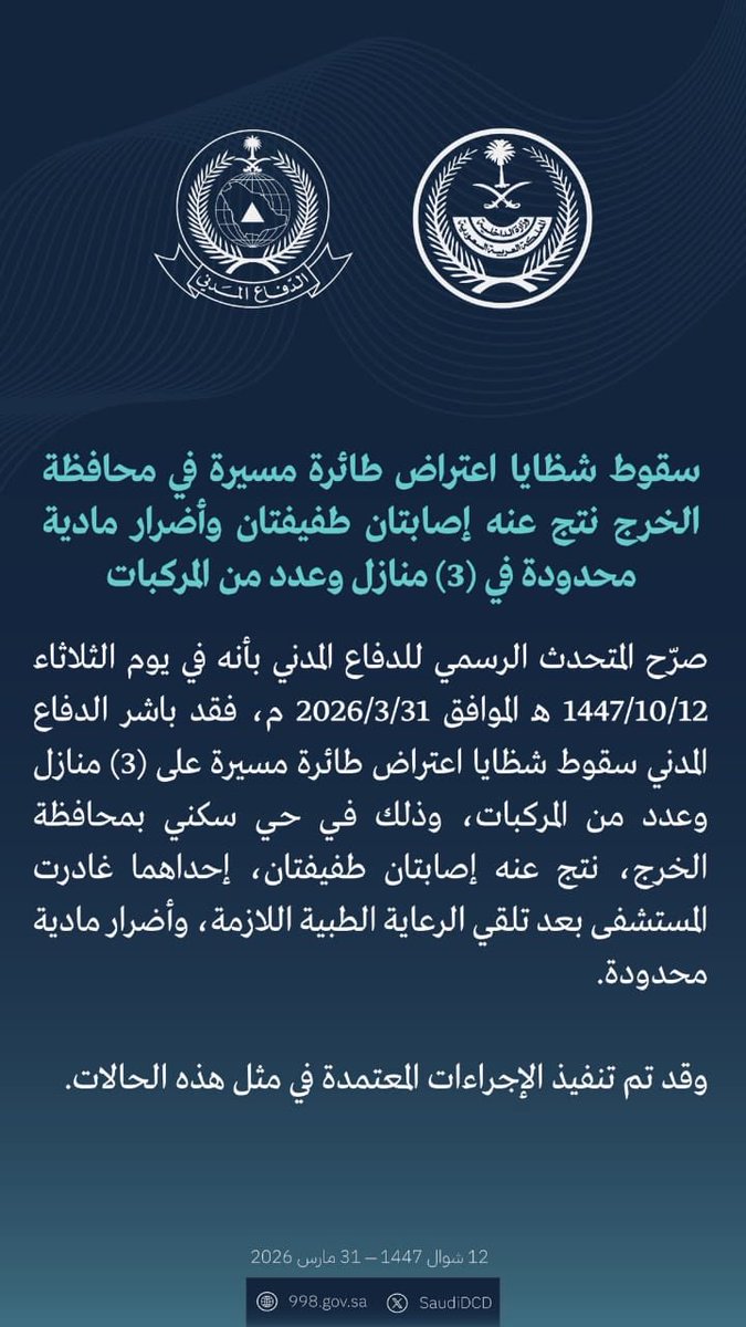 المديرية العامة للدفاع المدني: سقوط شظايا اعتراض طائرة مسيّرة في محافظة الخرج يسفر عن إصابتين طفيفتين وأضرار مادية محدودة