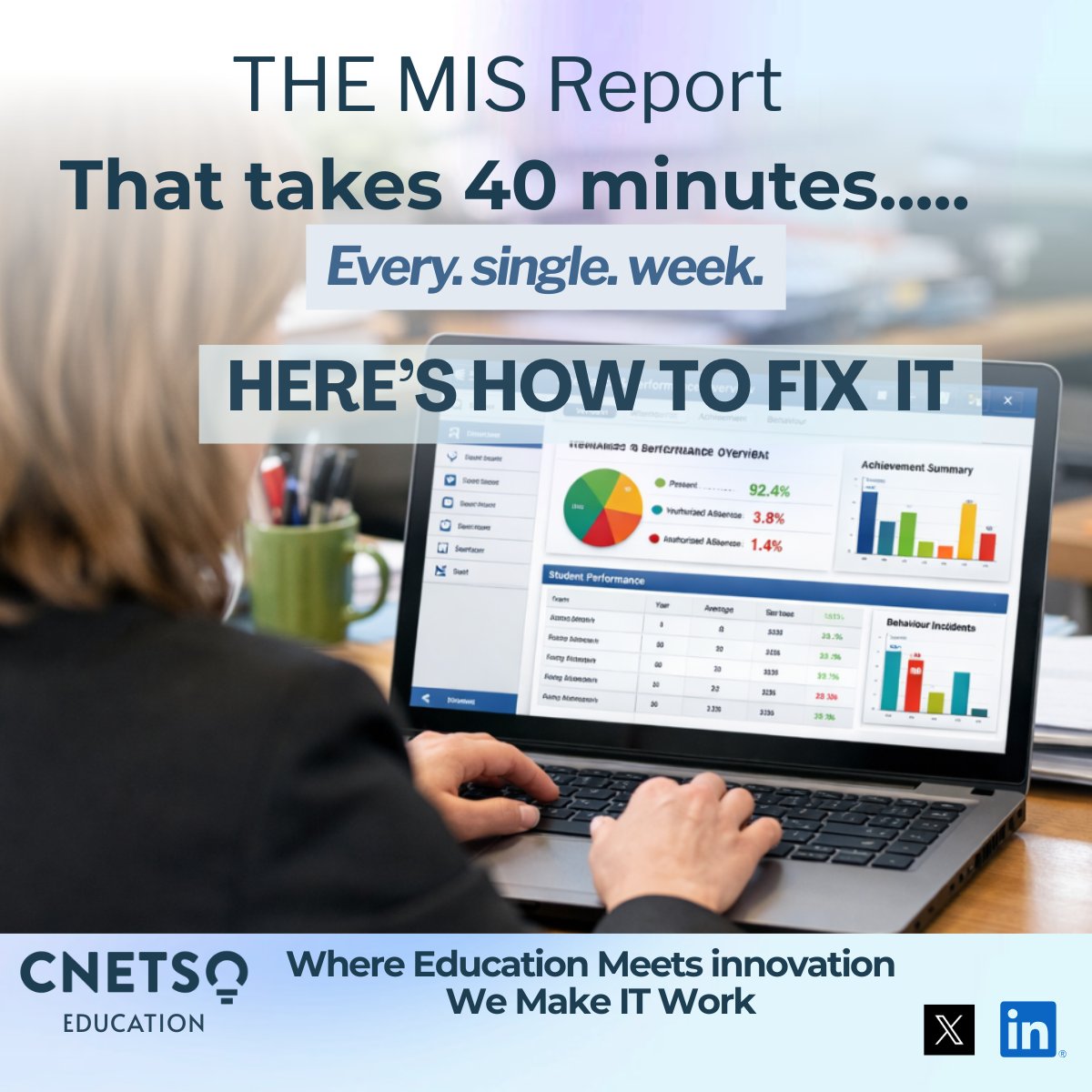 Cnetso's tweet photo. Still rebuilding the same MIS report every week?

Save it once. Schedule it. Stop repeating the work.

Small reporting changes can save hours across a term.

#UKSchools #SchoolLeadership #SchoolIT #MIS #SIMS #EducationData #SchoolOperations #EdTechuk #AdminEfficiency https://t.co/JBPYGsOVLt