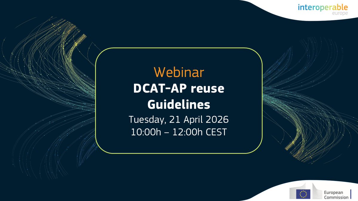 InteroperableEU's tweet photo. In 3 weeks' time, the #DCAT_AP Reuse Guidelines webinar of #SEMIC will dive into the open issues and feedback on the reuse of #DCATAP.

Join the #GitHub discussions and help shape the new guidelines!

No registration will be needed to join the webinar.
👉https://t.co/q1qNBiTwlr https://t.co/2G2EdxGNTW