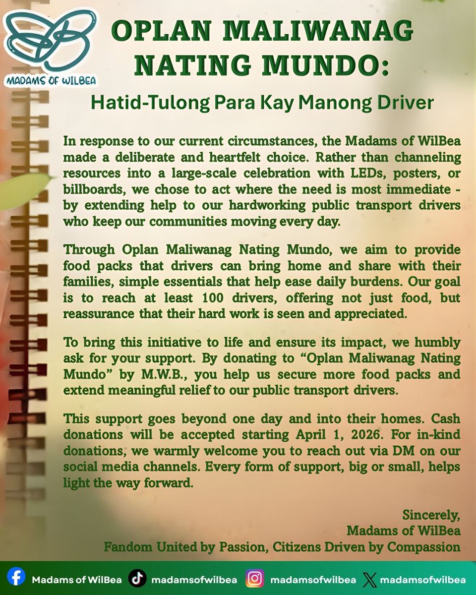 madamsofwilbea's tweet photo. From fandom to action. Stand with us in making our public transport drivers' journey lighter. Join Oplan Maliwanag Nating Mundo. Helping our drivers, one meal at a time. Donate starting April 1, 2026. #OplanMaliwanagNatingMundo #HatidTulong #ParaKayManongDriver #MadamsofWilBea https://t.co/pQh0ABkGv3