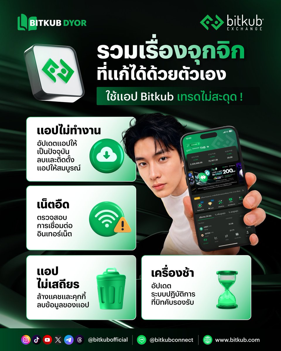 BitkubOfficial's tweet image. แก้ปัญหาการใช้งานแอปง่าย ๆ ด้วยมือคุณ!
เทรดได้ ไม่มีสะดุด เพียงทำตามวิธีเหล่านี้ได้เลยครับ 👇
.
คริปโทเคอร์เรนซีและโทเคนดิจิทัลมีความเสี่ยงสูง ท่านอาจสูญเสียเงินลงทุนได้ทั้งจํานวน โปรดศึกษาและลงทุนให้เหมาะสมกับระดับความเสี่ยงที่ยอมรับได้
.
#Bitkub #BitkubExchange #BitkubDYOR