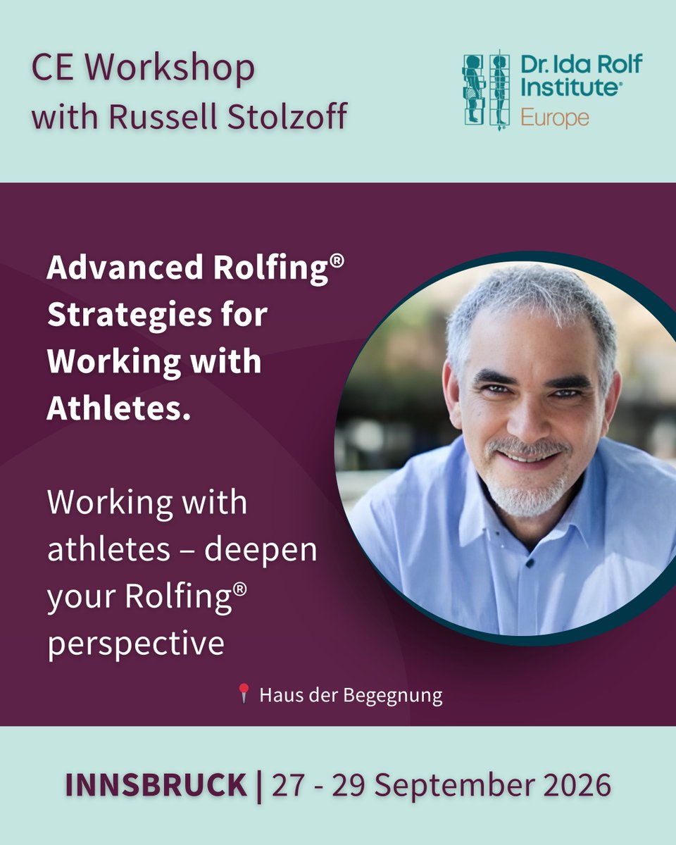Advanced Rolfing® Strategies for Working with Athletes
CE workshop with Russell Stolzoff (Advanced Faculty, Dr Ida Rolf Institute®).
📍 Innsbruck
 📅 27–29 Sep 2026
rolfing.org/education/cont…
#Rolfing #Bodywork #Athletes