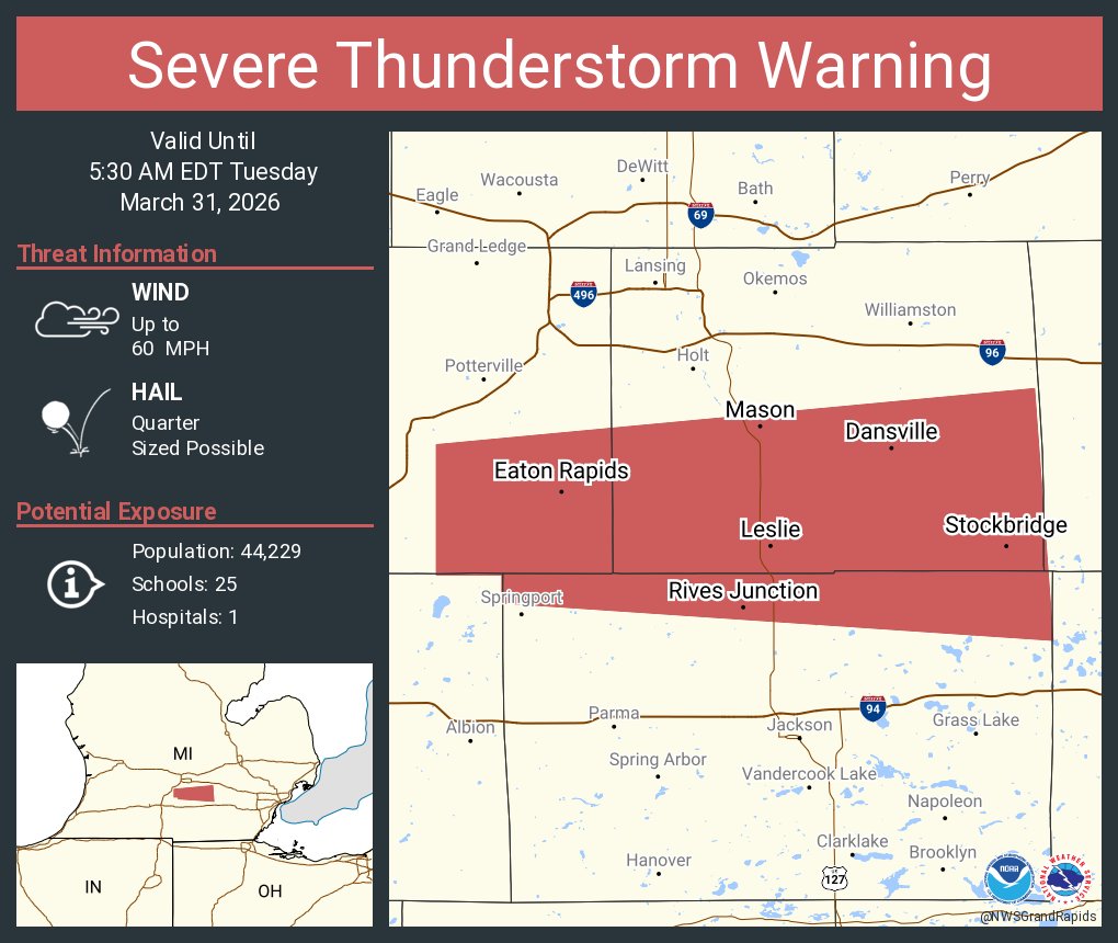 Severe Thunderstorm Warning including Mason MI, Eaton Rapids MI and ...