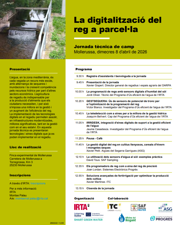 oficina_regant's tweet photo. 📣Jornada tècnica de camp: La digitalització del reg a parcel·la 

ℹ️Més informació i inscripcions: https://t.co/jiLMMJIfgW

#OficinadelRegant @EATarrega @irtacat #SmartGreenWater @ITCDosingPumps @asg_sa @_progres https://t.co/x8WQymyLjZ