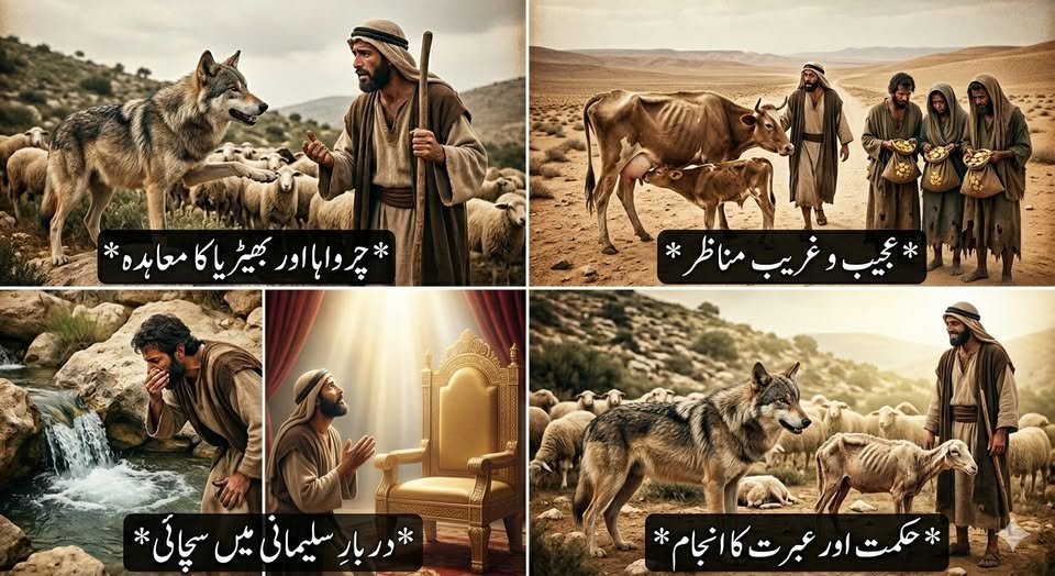 ایک چرواہا، ایک بھیڑیا اور آخری زمانے کے تین خوفناک منظر
حضرت سلیمان علیہ السلام کا ایک چرواہا جنگل میں بھیڑیں چرا رہا تھا کہ اچانک ایک بھیڑیا نمودار ہوا اور بولا: "مجھے ان میں سے ایک بھیڑ دے دو تاکہ میں اپنی بھوک مٹا سکوں!"
چرواہا حیران رہ گیا اور بولا: "یہ میری نہیں، اللہ کے