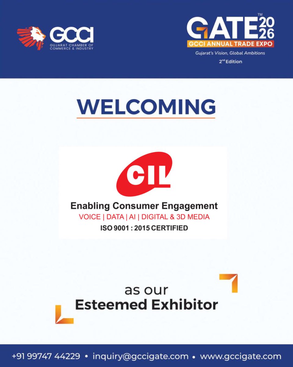 gccigate's tweet image. Welcoming CIL as our Esteemed Exhibitor at GATE 2026. 

Join CIL and other industry leaders to explore innovation, collaboration, and growth.

📅 Apr 16–18, 2026
📍 Gandhinagar, Gujarat
🔗register.gccigate.com/register

#GATE2026 #CIL #BusinessGrowth #Networking #B2BExpo