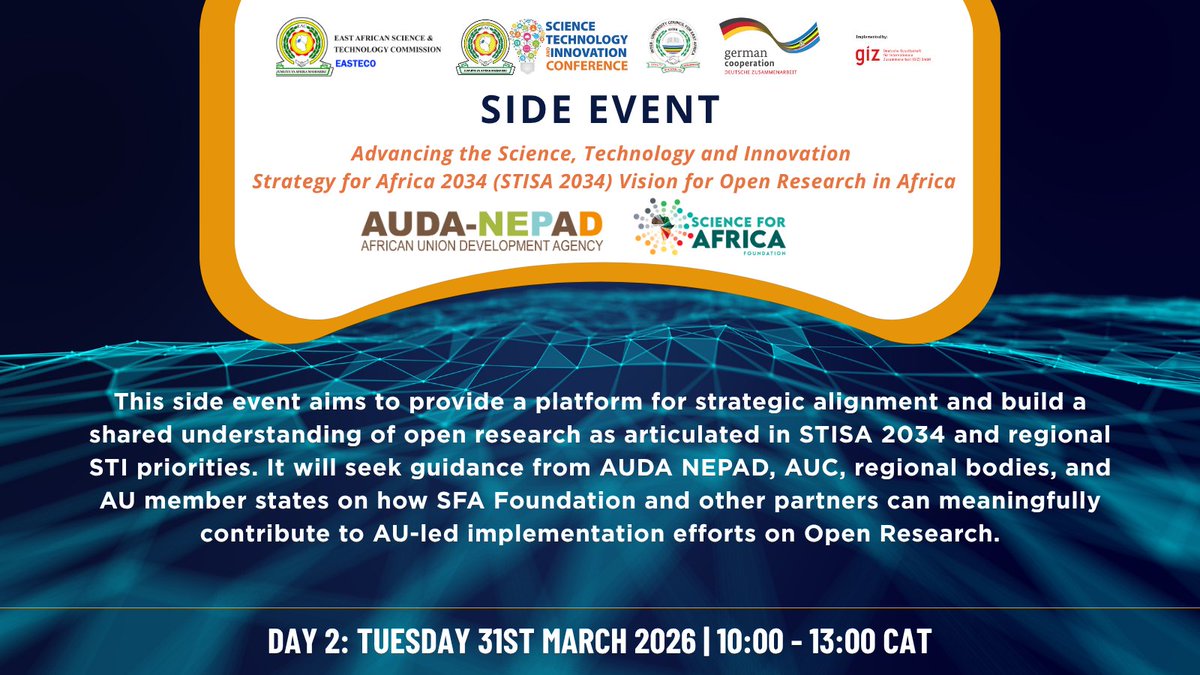 EAC_STI's tweet image. #HappeningNow: Side Event @NEPAD_Agency &amp;amp; @SciforAfrica 

This session will formally unveil Africa's draft Vision for #OpenResearch, with a target horizon of 2034, which envisions an African-led, globally influential open research ecosystem where knowledge is openly created,