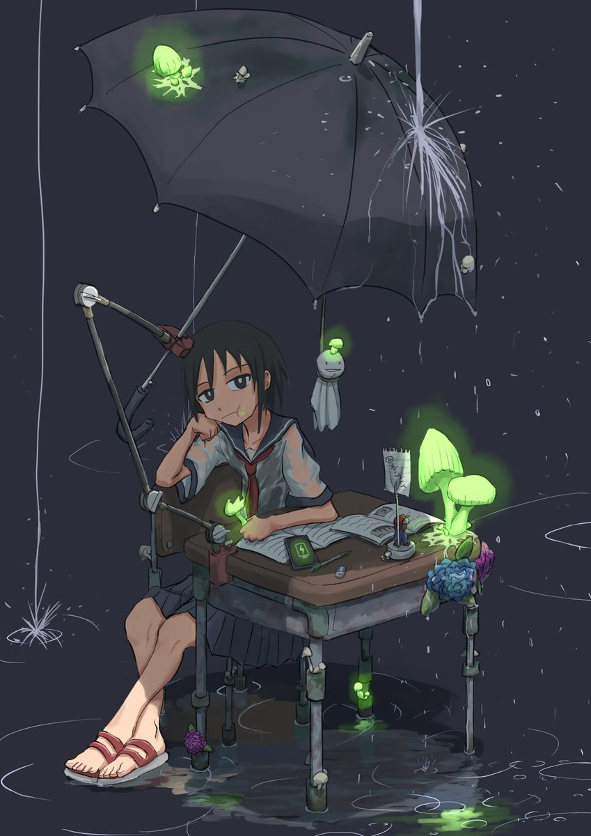 冠水地帯の学校で机を改造してるボーイッシュちゃん
傘を設置し、脚を補強し、光るキノコで充電し

ちょっと前にも載せたやつの解説文無し版
こういう世界は見てる分には楽しい。行きたくはあまりない