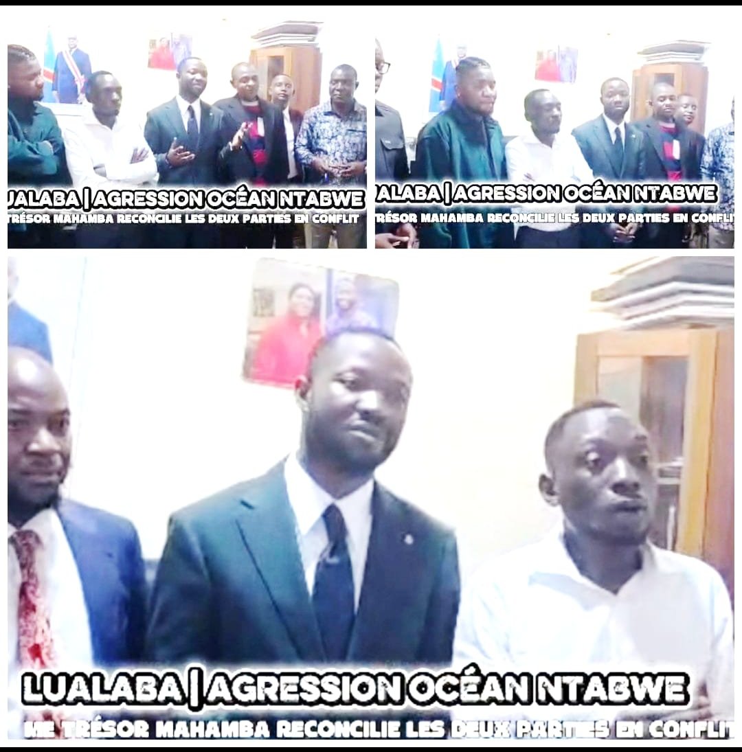 Lualaba#
Grâce à ses efforts soutenus et sa diplomatie agissante, l'ambassadeur de la paix, Me Trésor Mahamba, à su réconcilier les deux parties en conflit Océan NTAMBWE ET AIGLE CELEO.