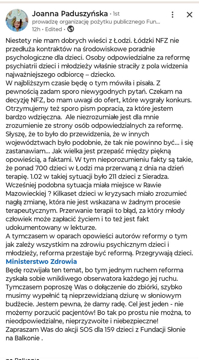 Ponad 700 dzieci z Łodzi z dnia na dzień przerwało terapię, gdyż NFZ odmówił pieniędzy na środowiskowe poradnie psychologiczne. W podobnej sytuacji są dzieci z Sieradza i Rawy Mazowieckiej. 
<a href="/NFZ_GOV_PL/">Narodowy Fundusz Zdrowia</a> #zdrowie #psychiatria