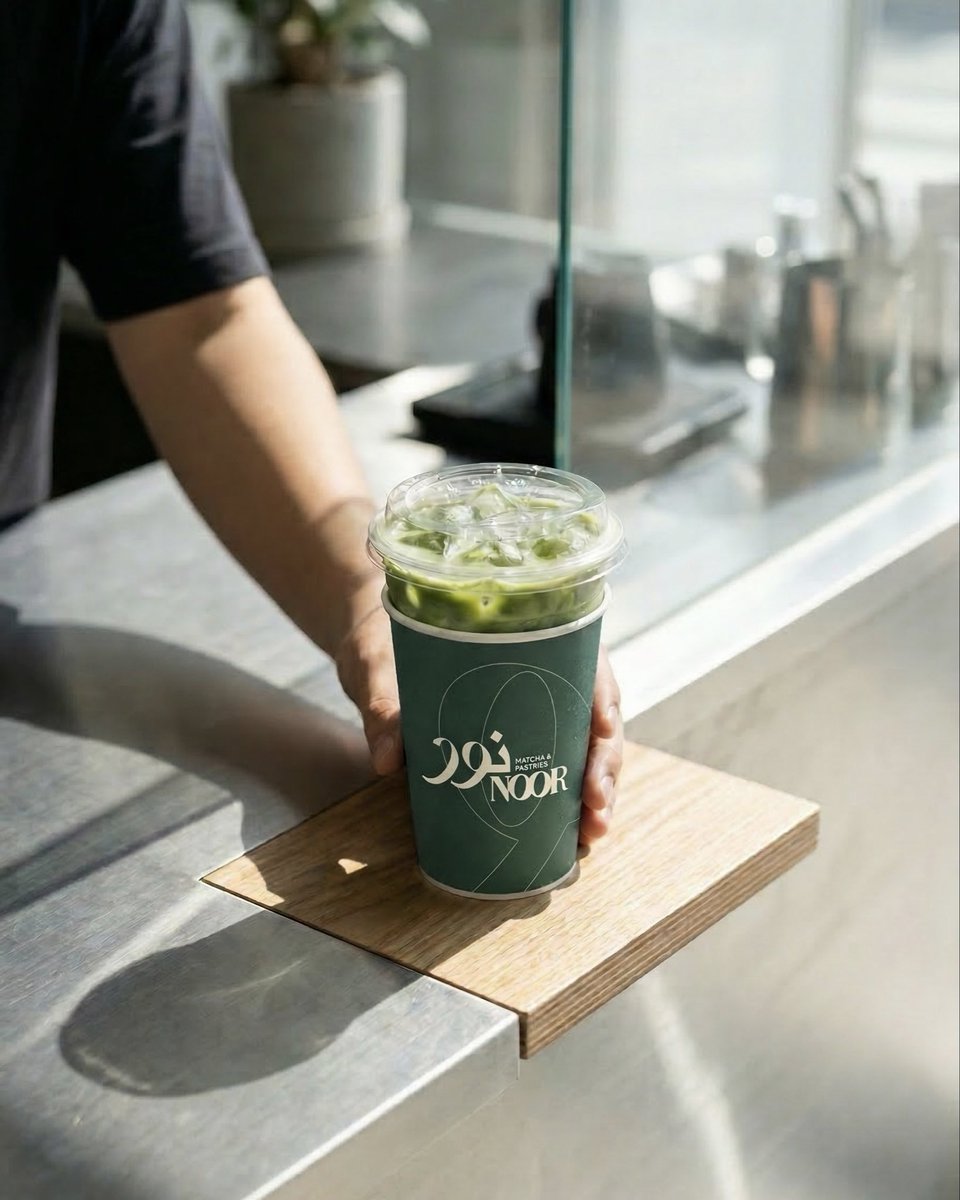 jitheshlmn's tweet photo. Brand identity exploration for a matcha café inspired by Tokyo and Dubai — bringing together Arabic typography, packaging, and a modern café experience. https://t.co/Z8A1BlmFJr