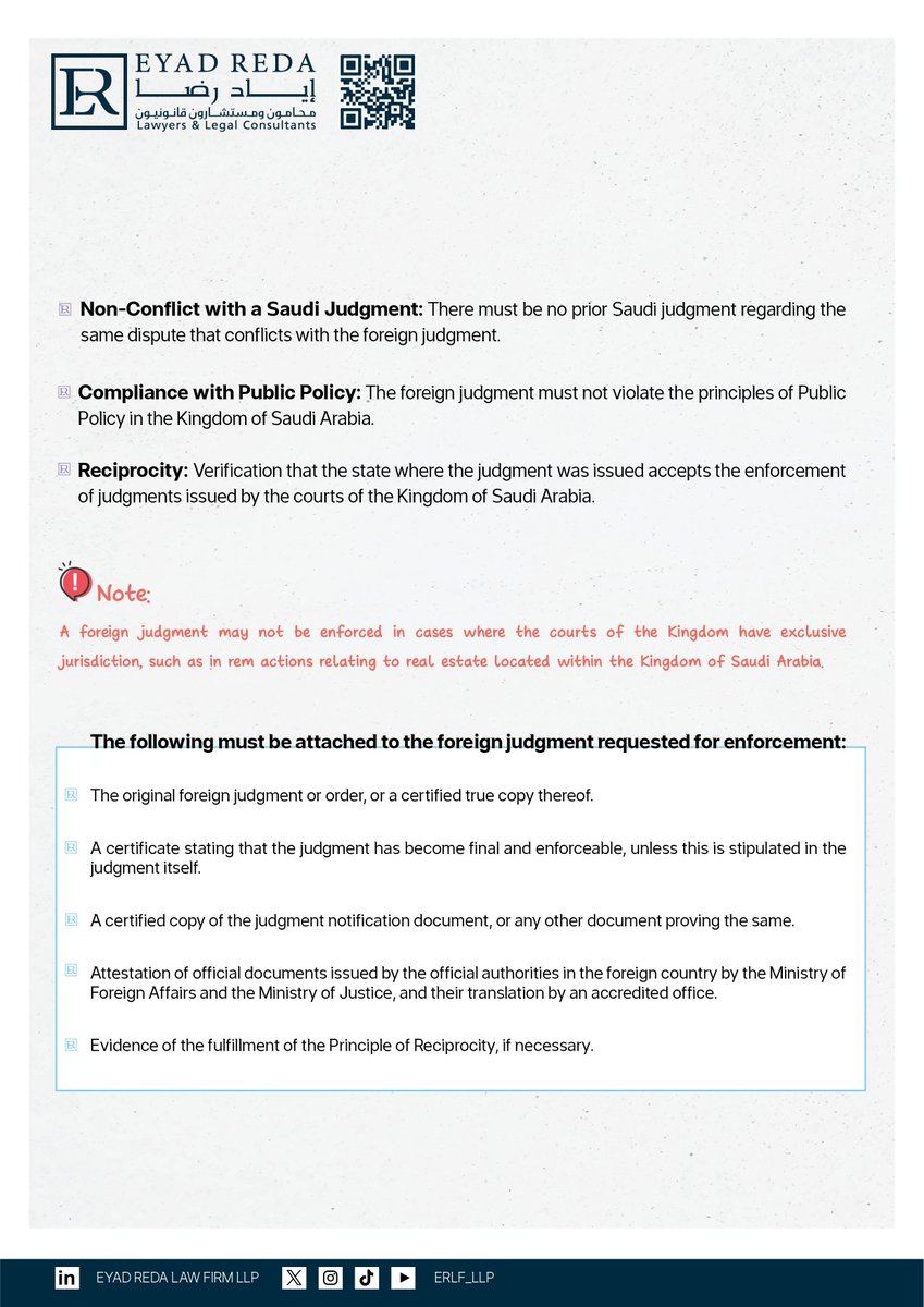 ERLF_LLP's tweet photo. With the growing expansion of cross-border commercial and investment activities, the enforcement of foreign judgments has become a key mechanism for safeguarding rights and enhancing confidence in the legal system.
In Saudi Arabia, this matter is governed by clear legal requirements that ensure justice while preserving public policy and sovereignty.
This post provides an overview of the concept of enforcing foreign judgments in the Kingdom of Saudi Arabia, along with its key conditions and legal requirements.

#SaudiLaw #erlf