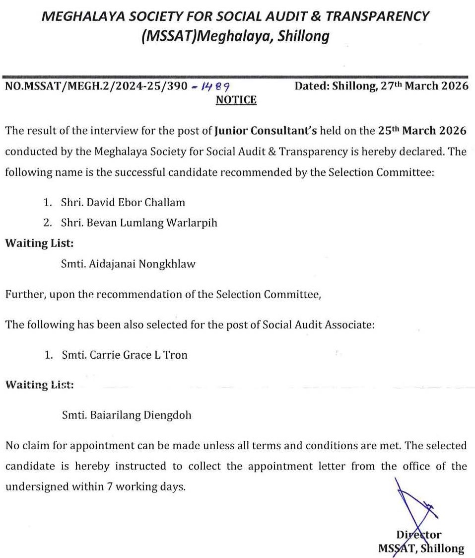 MeghalayaGov's tweet image. #Declaration of the #Result for the post of Junior Consultant's and Social Audit Associate conducted by the #Meghalaya Society for Social Audit &amp;amp; Transparency #MSSAT @DiprMeghalaya (meghalaya.gov.in/sites/default/…)