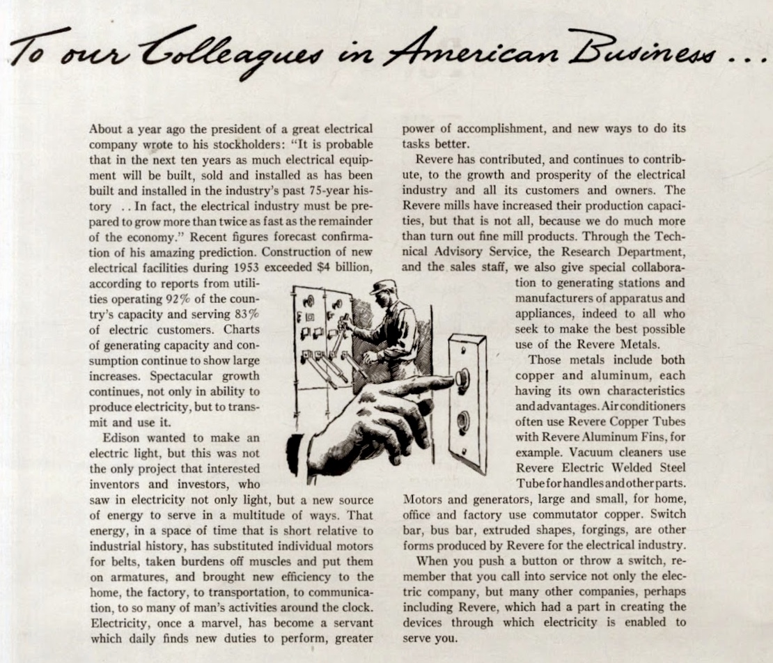 LRonLacy's tweet image. In #MARCH 1954
👇🧵
‘Business in Motion. To our Colleagues in American Business. . .’
Revere Copper and Brass Incorporated
#electricalmachinery #electricaldevices #machinery #electricity #RevereCopperandBrass