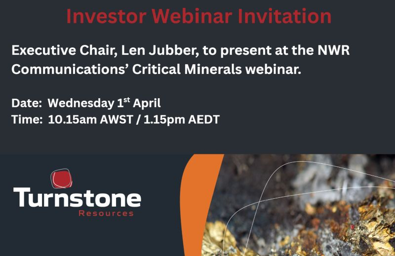 Turnstone_ASX's tweet photo. Executive Chair, Len Jubber, will be presenting during the @NWRcomms' #Critical Minerals webinar, to be held on Wednesday 1st April. 

Webinar commences at 10am AWST / 1pm AEDT.

Register for the webinar: https://t.co/bUIQ8RYY3a

$TSR https://t.co/oVfwvbreoI