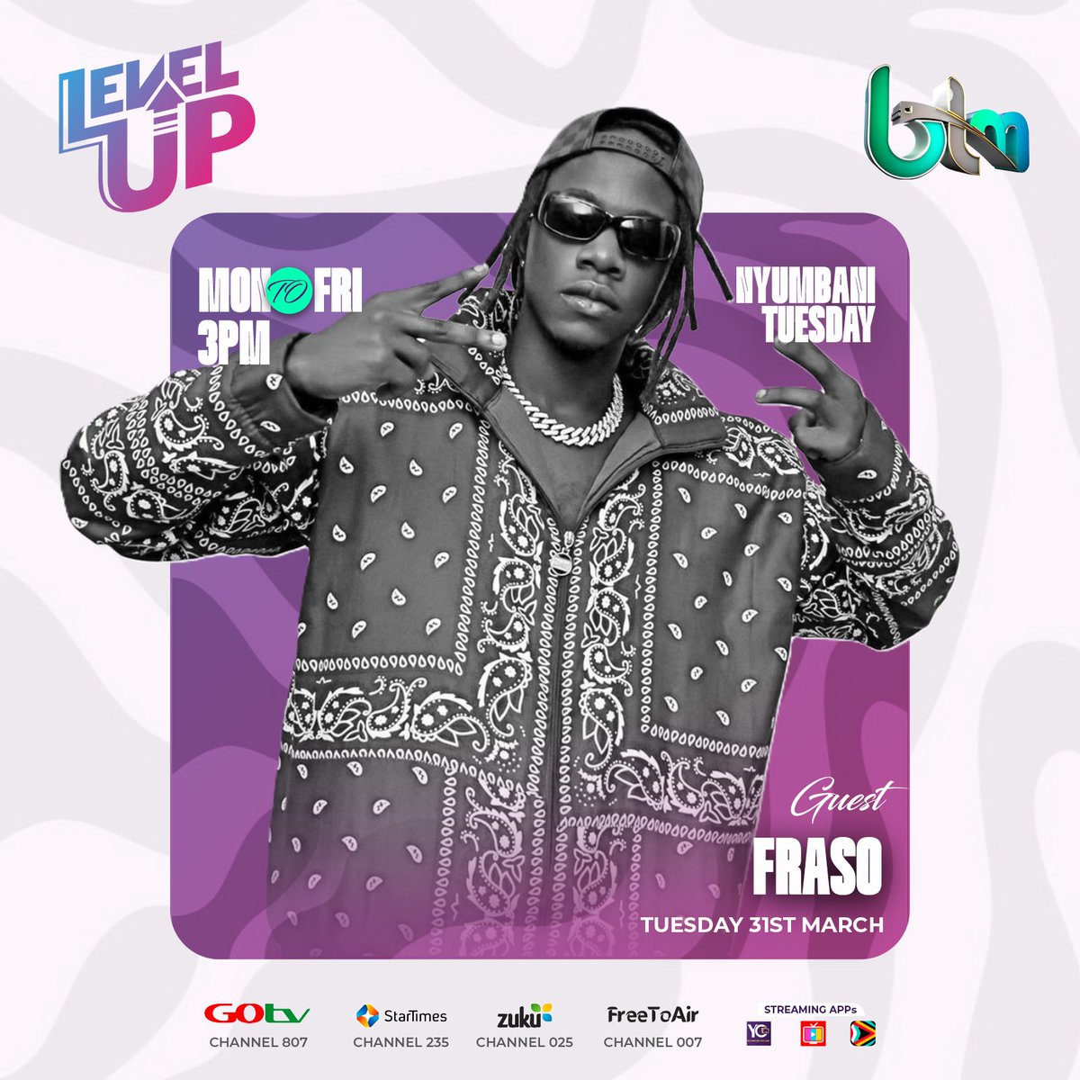 BTMTelevision's tweet image. TODAY'S LINE UP ON #Level Up show
#Nyumbani Tuesday
#music