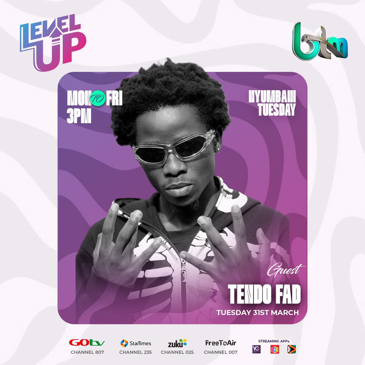 BTMTelevision's tweet image. TODAY'S LINE UP ON #Level Up show
#Nyumbani Tuesday
#music