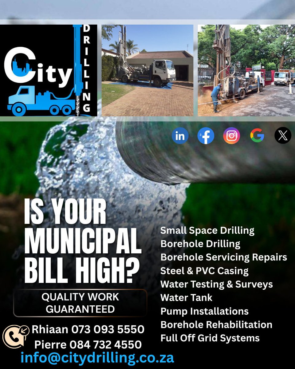 city_drilling's tweet photo. Borehole Drilling. Best prices. Best services. Specialize in small spaces. Boorgat sinking met beste pryse en beste diens.  Boor ook in klein spasies. https://t.co/DbCNdABwIZ