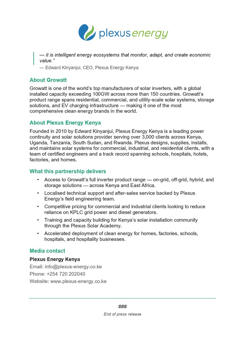 PlexusEnergy's tweet photo. PRESS RELEASE: Plexus Energy and Growatt Announce Official Partnership to Advance Solar Energy Solutions in Kenya

Together, we’re bringing intelligent, scalable energy solutions to businesses, homes, and industries across Kenya and East Africa

#CleanEnergy #SolarKenya https://t.co/Hh8YFz2ZiX