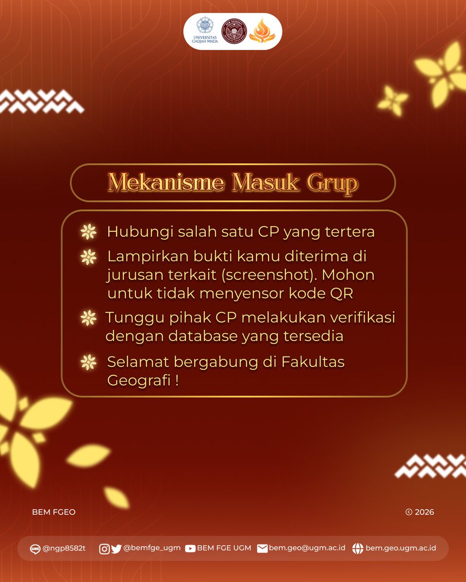 bemfge_ugm's tweet photo. [SELAMAT DATANG MAHASISWA BARU JALUR SNBP 2026]

Selamat datang Geografella Muda jalur SNBP 2026! Semangat untuk terus berdinamika di Fakultas Geografi tercinta! https://t.co/RrfzNMkslT