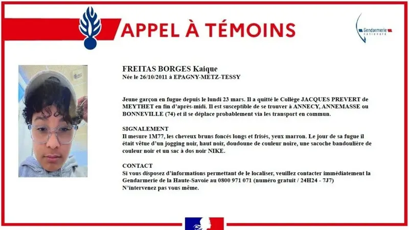 amisgendarmerie's tweet photo. HAUTE-SAVOIE - Un adolescent de 14 ans porté disparu près d’Annecy, un appel à témoins lancé par la gendarmerie
https://t.co/nzXkzfwwvL https://t.co/j8Z0FMgIMY