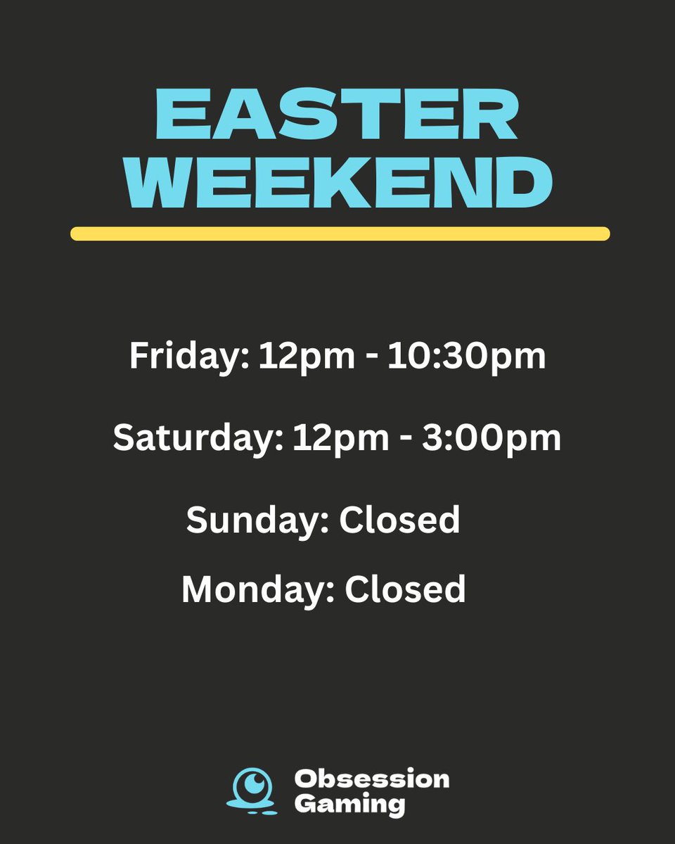 Hi everyone! We’ve revised our hours for the Easter weekend. 

Friday: 12:00–10:30 PM (includes Commander Night) 
Saturday: 12:00–3:00 PM (for Dragon Ball) 
Sunday: Closed 
Monday: Closed 

If we don’t see you in-store over the next few days, have a safe Easter