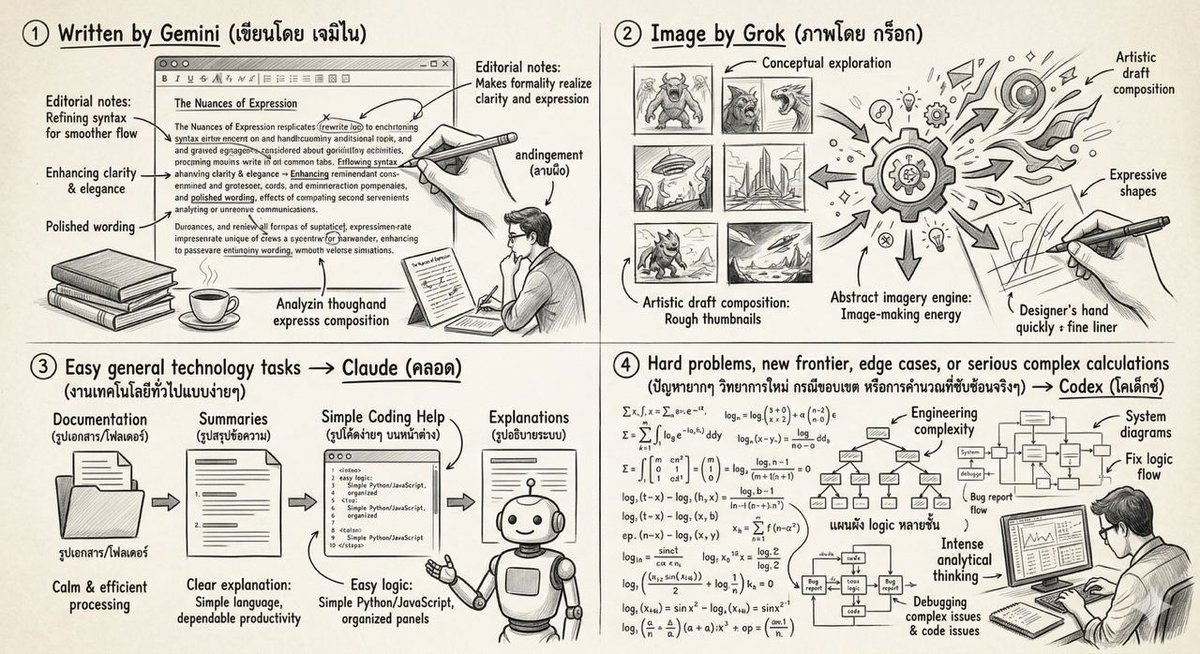 0xaranz's tweet photo. ใช้ AI ทุกตัวแล้วสรุปแบบตรงๆ:
• ภาพ+วีดีโอ → Grok
• ข้อความ/แปล/เรียบเรียง → Gemini
• งาน routine + โค้ดพื้นฐาน → Claude
• งานยาก Edge case → Codex
ไม่มีตัวไหนเก่งหมด
เก่งคือการเลือกใช้ให้ตรงงาน https://t.co/pLfhZPMXQN