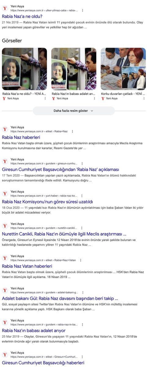 Karar gazetesi. Milli Gazete. Yeni Asya.. Cumhuriyet gazetesi.. Giresun Eynesil'deki Rabi Naz'ın vefatında yüzlerce, belki binlerce haber yaptılar.. Rabia Naz, evinin önünde yerde bulunduğunda, intihar etti tespiti yapılmış, baba ise "Hayır, ilçe içinde trafik kazasında öldü,