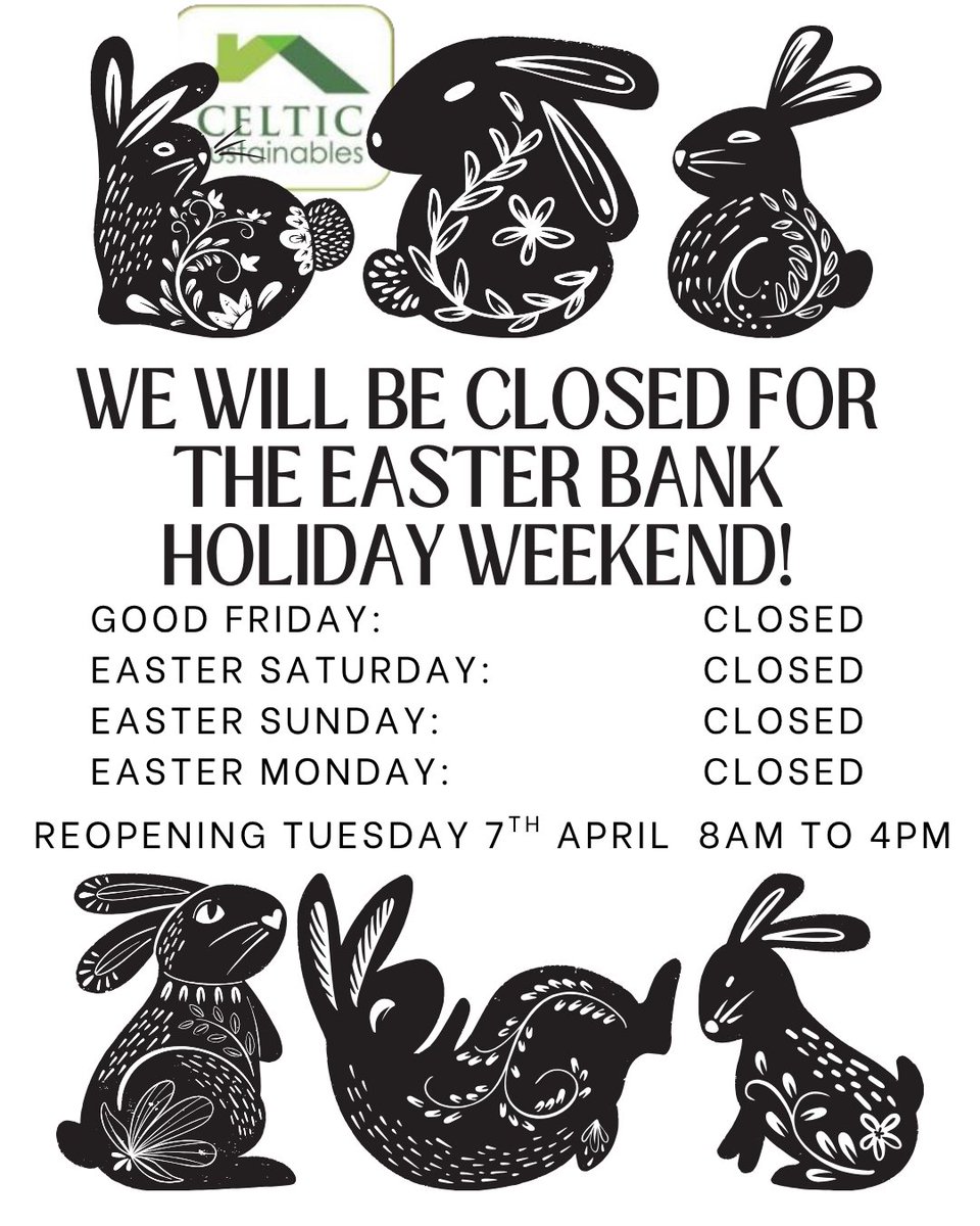 CelticSus's tweet image. 🐰 Easter Bank Holiday Alert! 🚨
Just a quick heads-up — our office and shop will be closed over the bank holiday weekend.
We’ll be back to our usual hours on Tuesday.
Enjoy the long weekend!🦋
#Cardigan #Ceredigion #Pembrokeshire #DIY #Weekend #BankHoliday #Easter