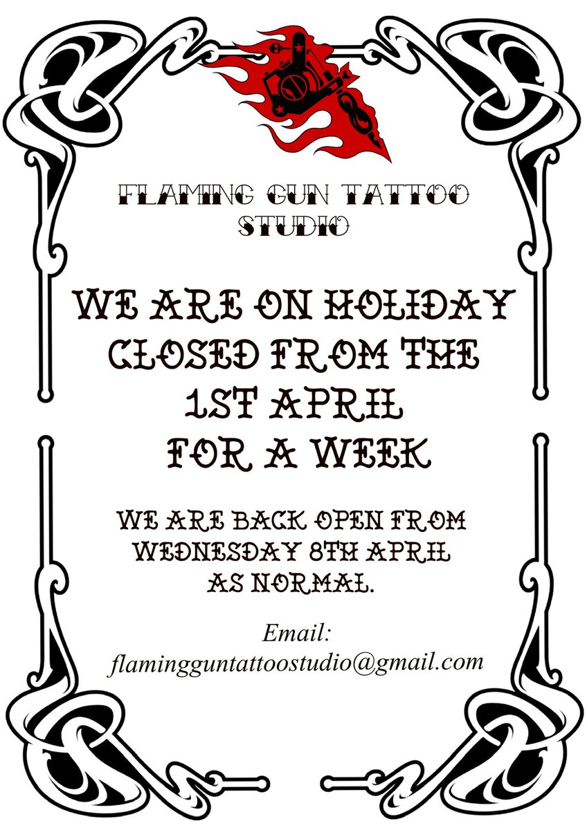 Flaming_Gun's tweet photo. 🎉 We are having a little break🎉
Hope you all have a wonderful Easter, we are back on Wednesday 8th April 🎉

#flamingguntattoo #colchestertattoo  #colchester #EasterHolidays #EasterWeek #backsoon https://t.co/3POMDiOT1e