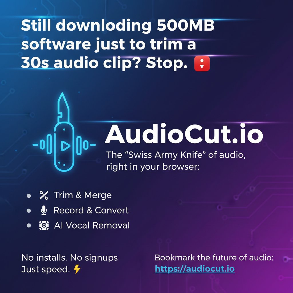 Maxine6874's tweet photo. Still downloading 500MB software just to trim a 30s audio clip? Stop. 🛑

https://t.co/ELWyQVC98L is the "Swiss Army Knife" of audio, right in your browser: 
✂️Trim &amp; Merge
🎤Record &amp; Convert
��AI Vocal Removal

No installs. No signups. Just speed. ⚡️
#AudioCut #Tool #YouTube https://t.co/1nwQIuitay