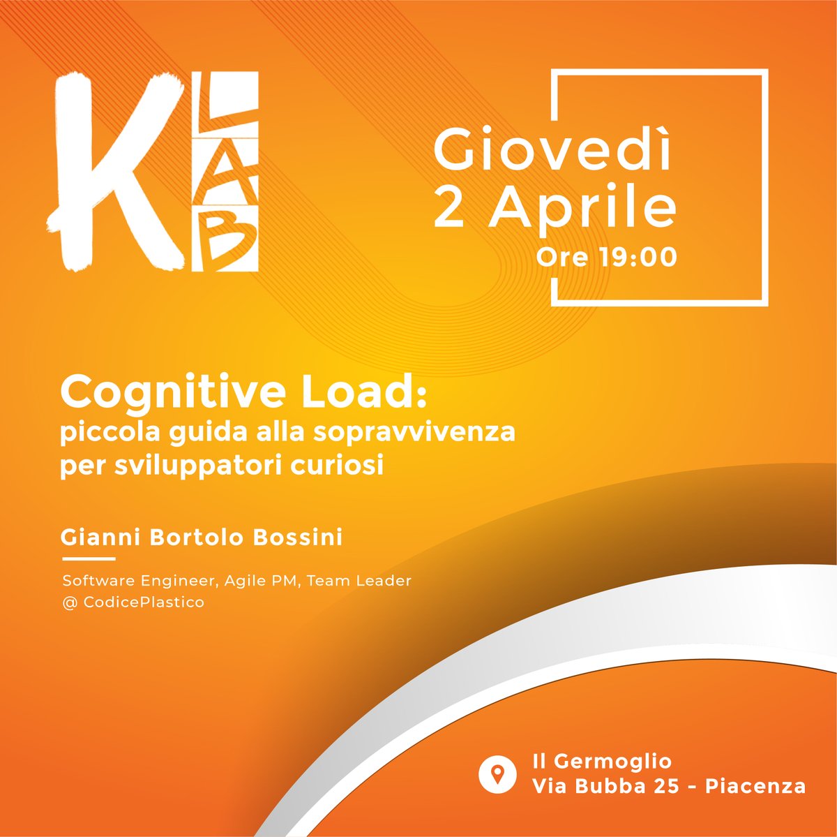 È la settimana del KLab!
Siamo impazienti di goderci lo speech di Gianni Bortolo Bossini e di passare una serata insieme a tutti voi.
 
Ci vediamo giovedì. Iniziamo alle 19.
 
Info: klabcommunity.org/cognitive-load…