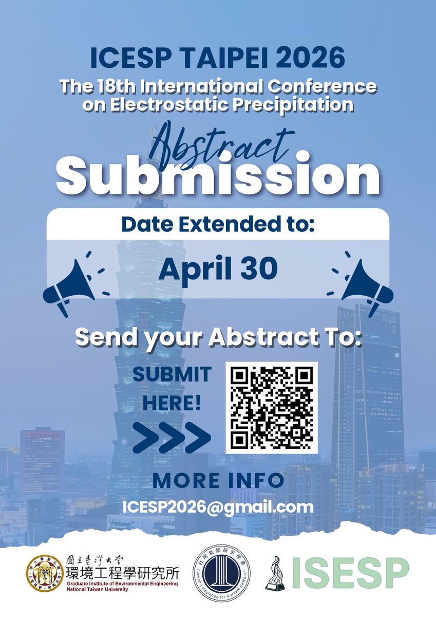 T_C_HSIAO's tweet photo. ICESP Taipei 2026 will be held from Nov. 2 (Monday) to 5 (Thursday), at Taipei New Horizon. 
Conference Information:
Website: https://t.co/glPLduFEfs

Abstract Submission Deadline now extended to April 30 (Thu)
#ICESP2026
#ISESP https://t.co/zO22Zl3mWx