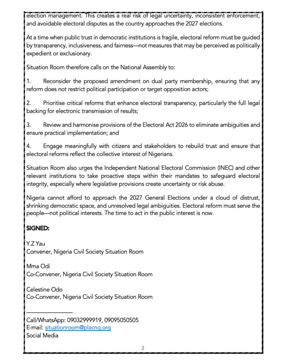 SituationRoomNg's tweet photo. SITUATION ROOM CONDEMNS POLITICALLY TARGETED AMENDMENT TO THE ELECTORAL ACT 2026

Issued in Abuja: 10:00 am - Tuesday, 31st March 2026

#ElectionNewstrend
#SituationRoomNG
#DemocracyWatch
#NigeriaDecides2027 

@NGRSenate 
@HouseNGR https://t.co/YQPChxoCd2