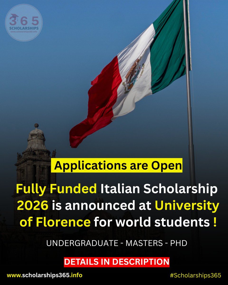 #Italy 🇮🇹 Fully Funded Scholarships 2026 for Undergraduate, Masters, &amp; PhD for World Students!

1) No Agent | Direct Apply
2) Multiple Scholarships

👉Apply Link: scholarships365.info/italy-scholars…

Degree: Undergraduate - Masters - PhD

Benefits: Fully Funded

Deadline: Different Deadline