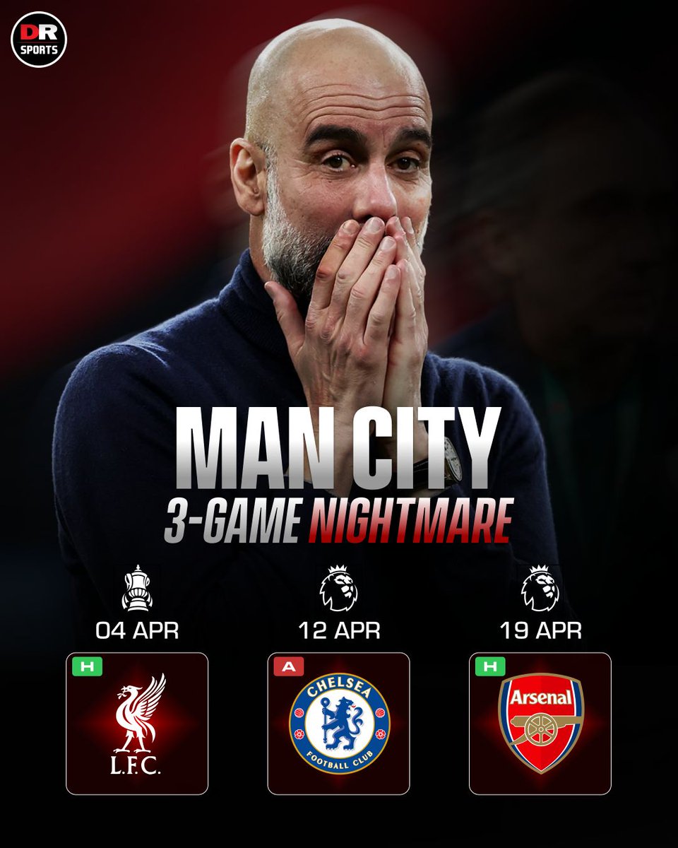 drsportsmedia's tweet image. 3-game nightmare for Man City right after the break! 🔥 

Can they overcome this challenge, or will it break them? 👀

#ManCity #Arsenal #Liverpool #Chelsea