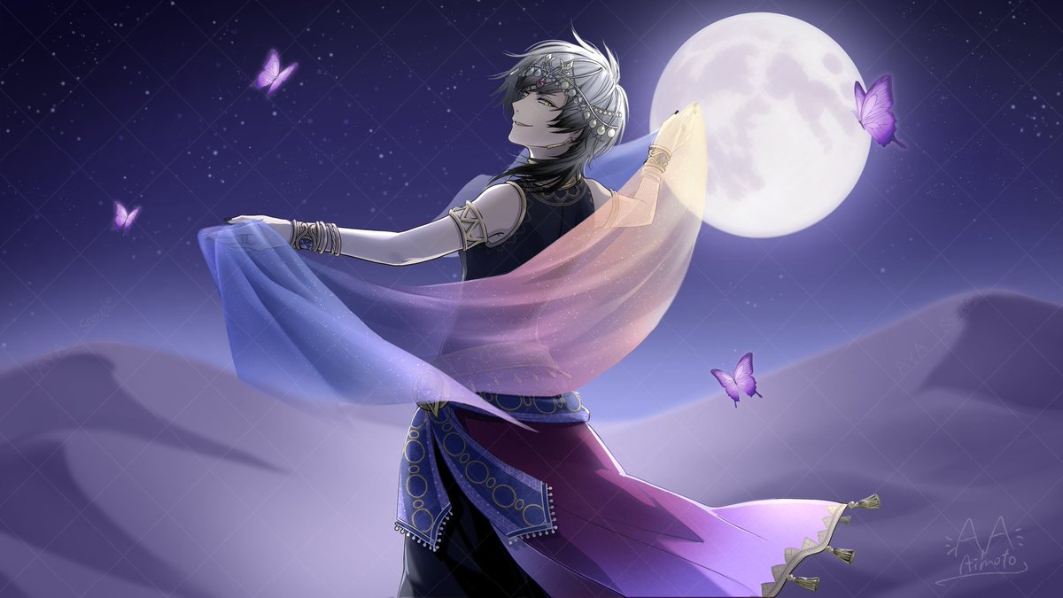 amd_aiay's tweet photo. 「蜃気楼のジャンナ」歌ってみたで描かせていただいたイラスト🐾🎨
月明かりと砂漠、舞い踊る蝶。 少し怪しげだけど美しい世界をイメージして描かせていただきました🌕️
 #イラスト #砂漠 https://t.co/B8AtyrqOnm