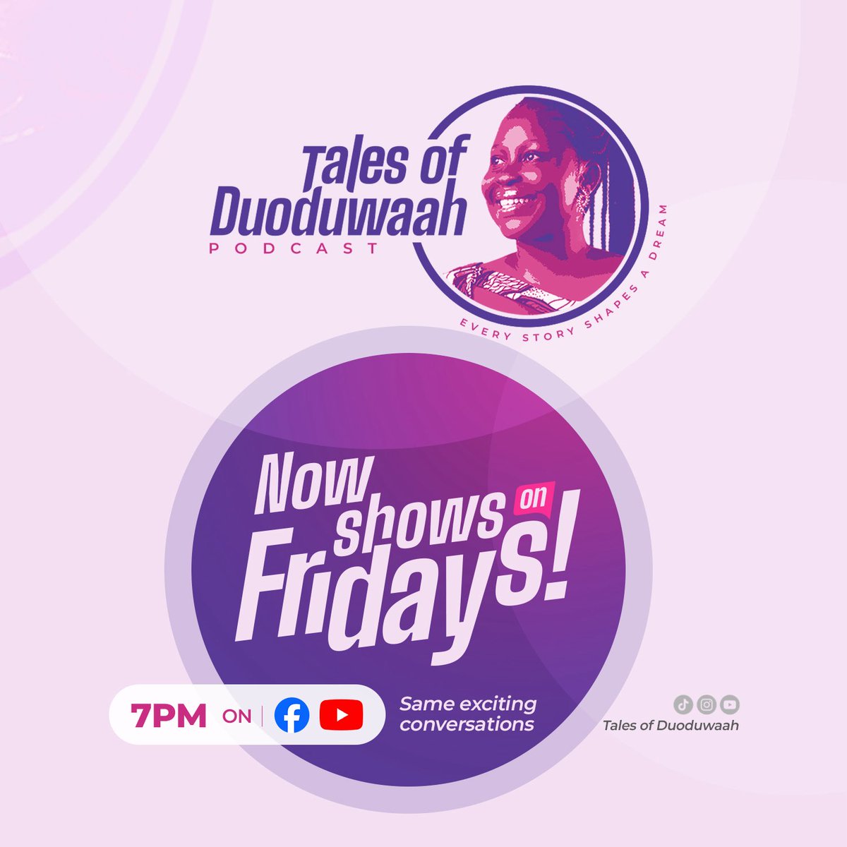 Quick update ‼️

New episodes of Tales of Duoduwaah now drop every Friday at 7PM.
Same powerful conversations… just a new day.
This is your sign to tune in, learn, and be inspired.

Set your reminder now because you don’t want to miss what’s coming.
#TalesOfDuoduwaah #Fridayvibe