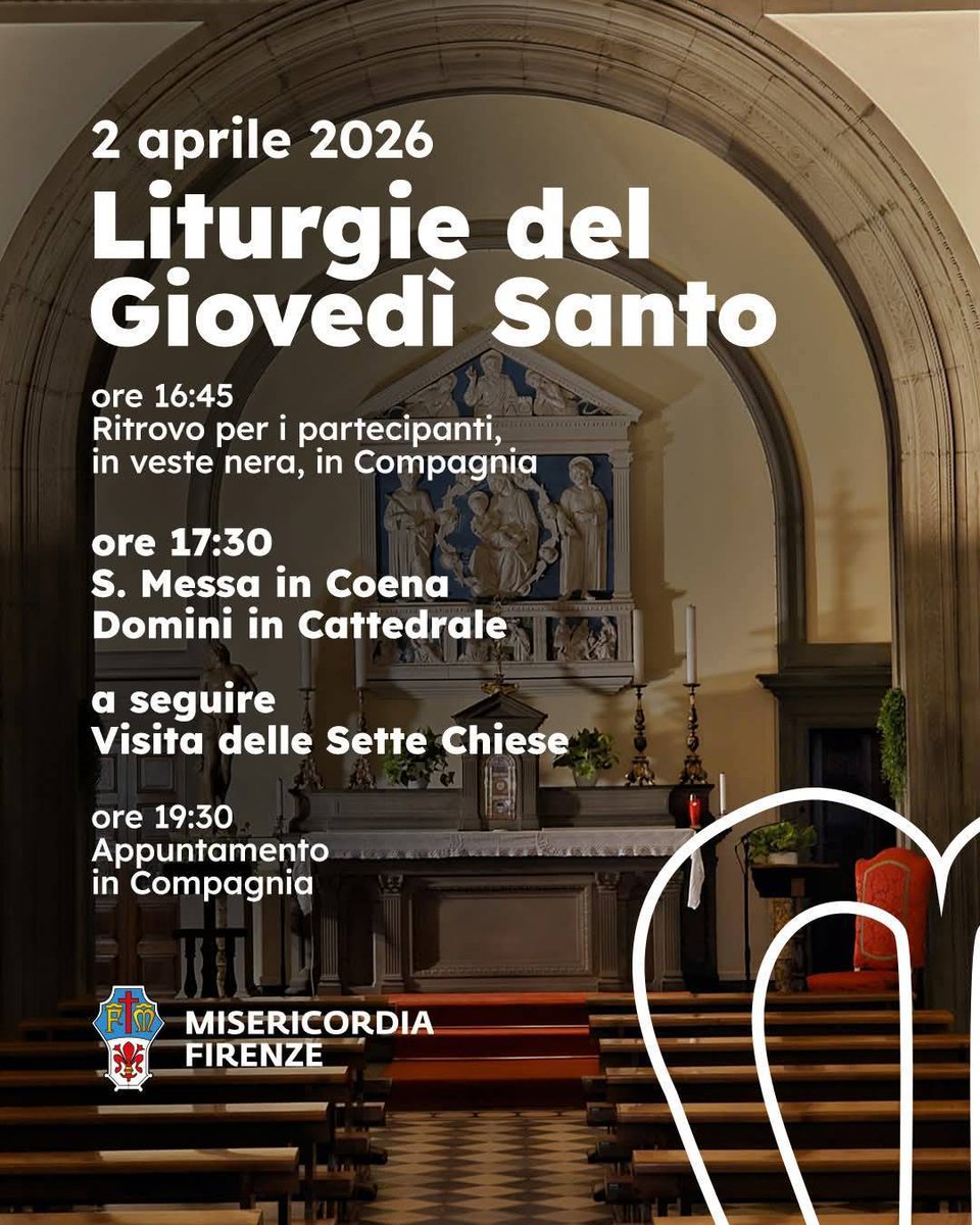 Il 2 aprile appuntamento per le Liturgie del Giovedì Santo con la santa messa in Coena Domini in Cattedrale e a seguire la tradizionale visita delle Sette Chiese.

__
📍Misericordia di Firenze
📞 Tel: 055 21.22.22