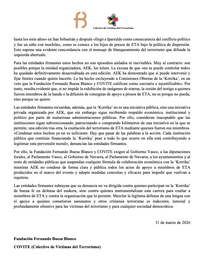 Fundacion_Buesa's tweet photo. .@Covite y la @Fundacion_Buesa pedimos a las instituciones públicas la retirada de subvenciones a la ‘Korrika’ tras constatar 38 imágenes de miembros de ETA exhibidas.

https://t.co/pFr9DQjjgI https://t.co/O4oYLCNAaw