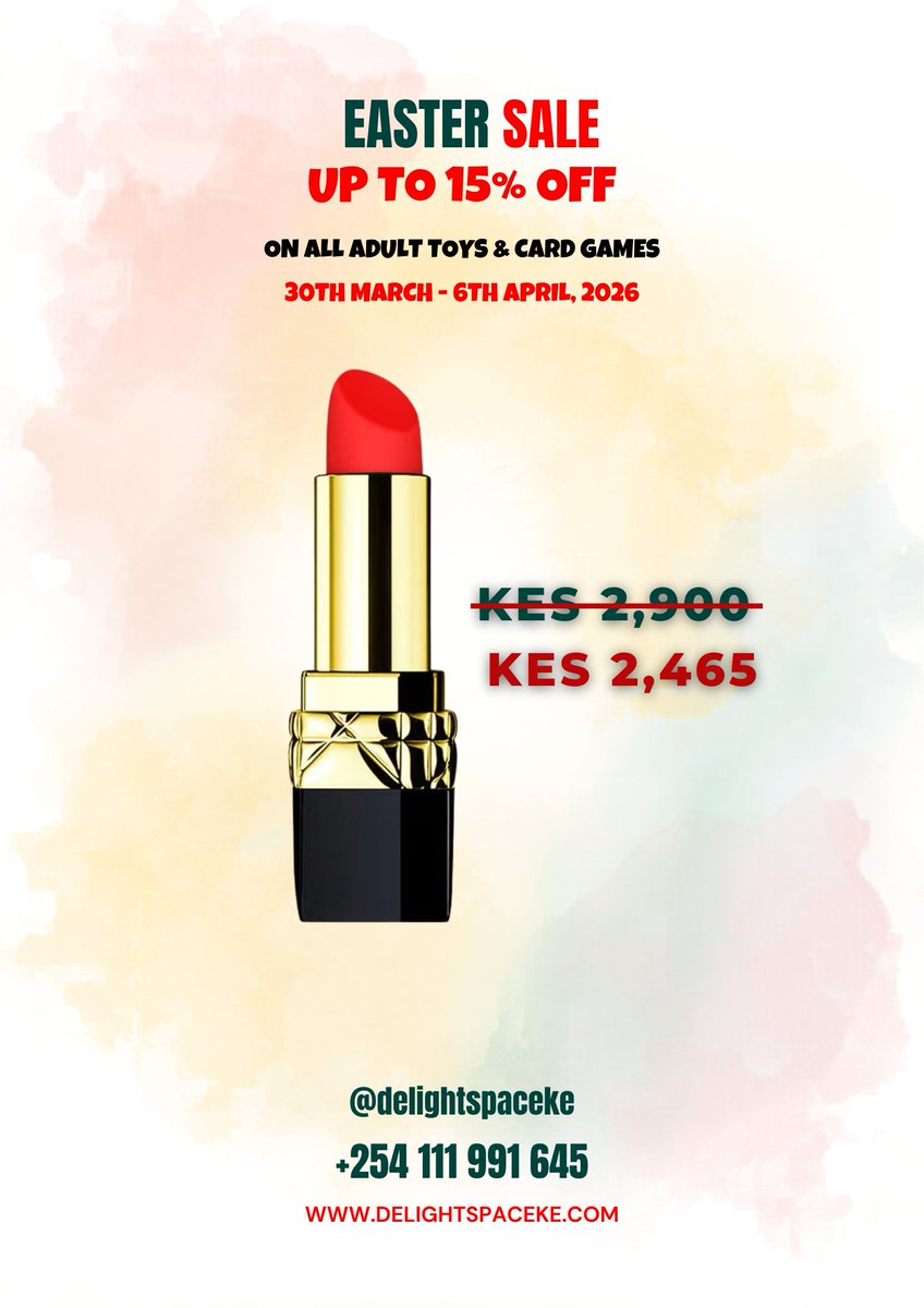 delightspaceke's tweet photo. Enjoy 15% off all Adult Toys and Card Games from 30th March to 6th April, 2026. 

Call or WhatsApp +254111991645 

#EasterSale #Sale #SexToys #SexToysKenya #CardGames #Gikomba #Nairobi https://t.co/KKXOTOZzew