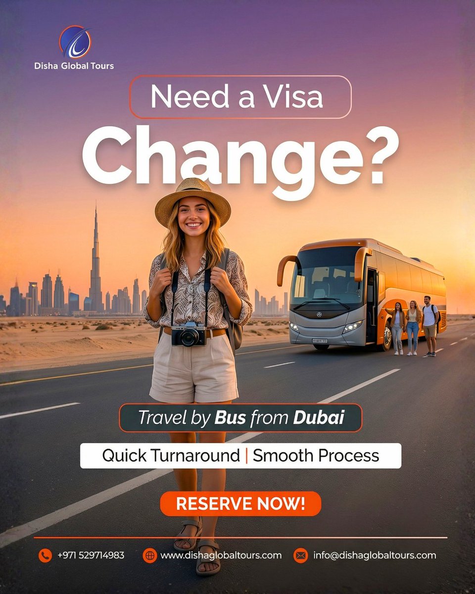dishaglobal's tweet image. Need a quick visa change? ✈️🌍
Travel by bus from Dubai with a smooth, hassle-free process and fast turnaround.

Book your seat today and travel stress-free! 🚌✨

🌐 dishaglobaltours.com

#dishaglobaltours #visachange #dubaitravel #travelservices #visarun #dubaivisa
