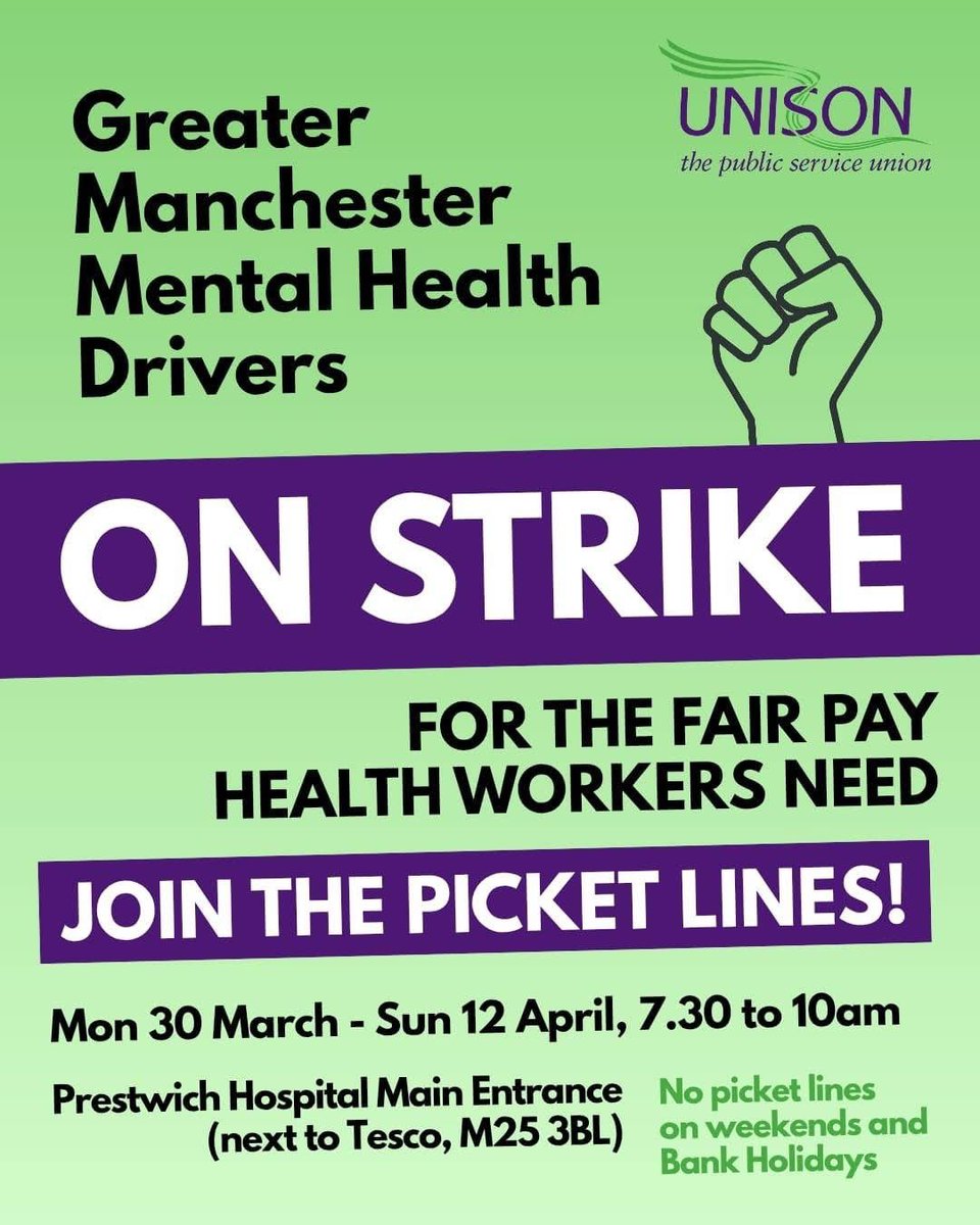 Unisongmmh's tweet photo. Day 2 of our Unison Greater Mcr Mental Health drivers on their picket line. They are striking to demand the pay band increase that was agreed (with back pay) then withdrawn. Please come along to their picket lines for next 2 weeks (not w/end or BH).
✊🏽✊🏼✊🏽✊🏼✊🏽✊🏼
@NorthWestUNISON https://t.co/8WCYpMMgfI