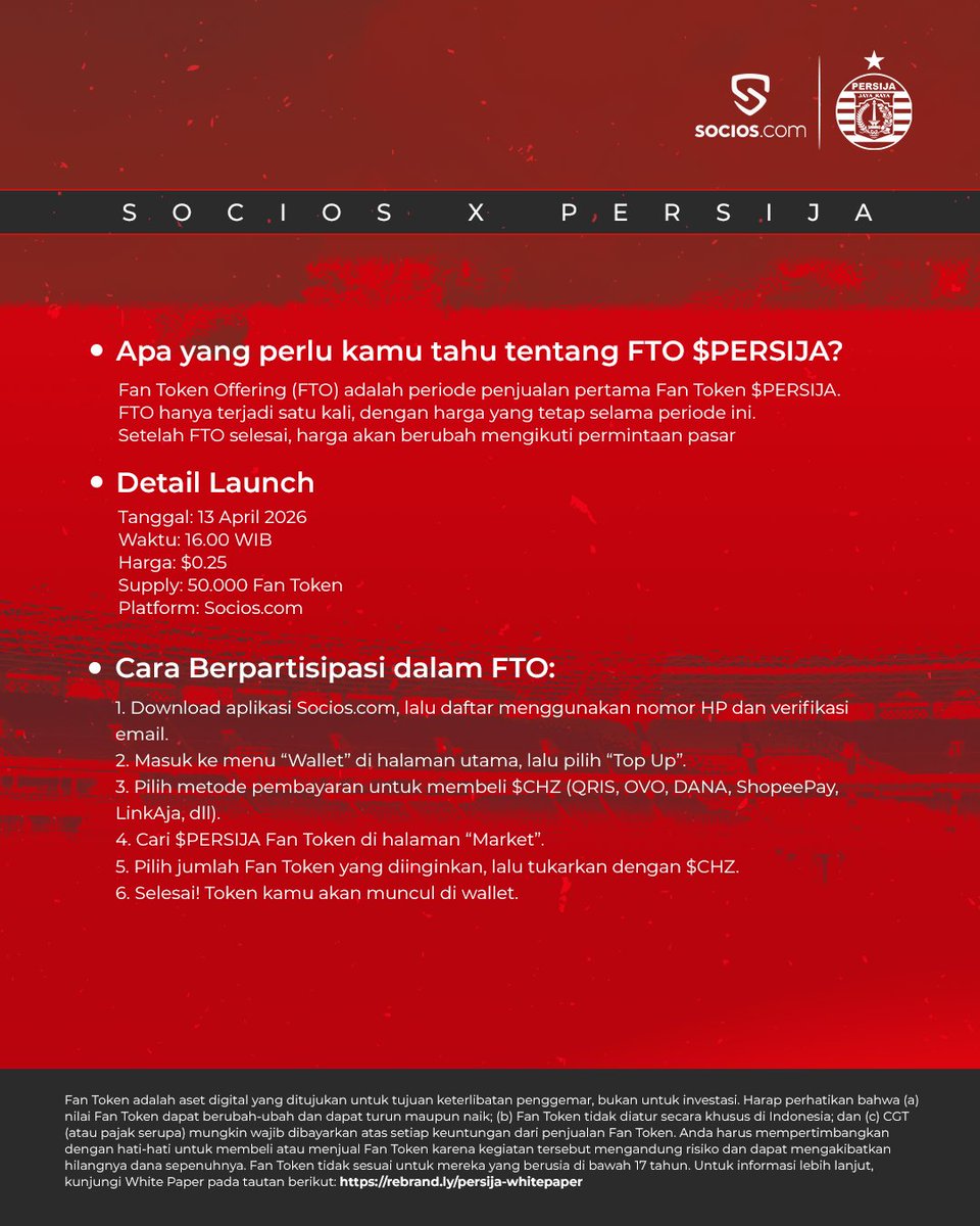 Persija_Jkt's tweet photo. Save the date!!!

$PERSIJA Fan Token is going live on 13.04.2026.

A new way to get closer to Persija, from voting on club decisions to unlocking exclusive rewards.

Download https://t.co/klkhzq6wpM and get ready.

Nantikan informasi selanjutnya untuk mengetahui berbagai keuntungan yang bisa kamu dapatkan!🔥