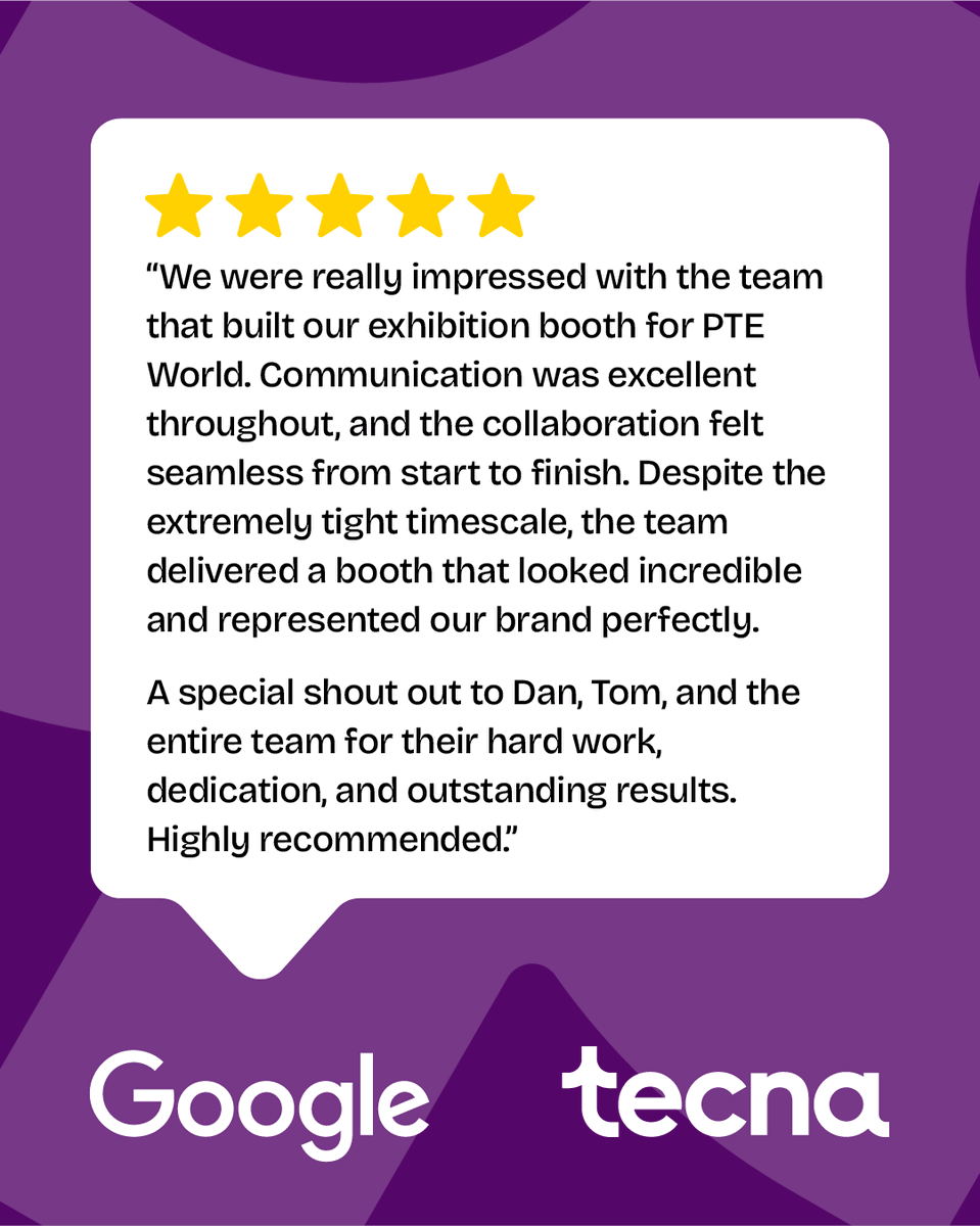 team_tecna's tweet photo. We're absolutely thrilled to share this 5⭐Google review from our client following PTE World.

Tight deadlines don't faze us. They focus us.

If you're planning your next exhibition stand and want a team that treats your brand like their own, let's talk. 

https://t.co/QLWqNYVAXX https://t.co/o06P7mjuO3