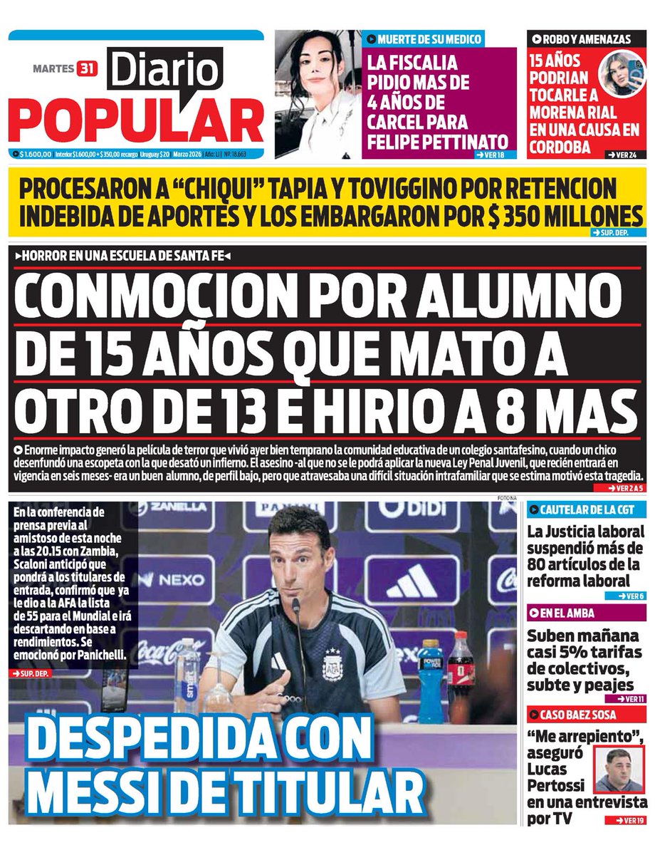 WalterVerst's tweet photo. #BuenDía y #BuenMartes para todos!!!
Te presentamos las portadas de los diarios del #Martes 31/03/2026 #31deMarzo #31MARZO #31M. #ChauMarzo.
#DiarioPopular
#Crónica https://t.co/9uNmJLMEO1