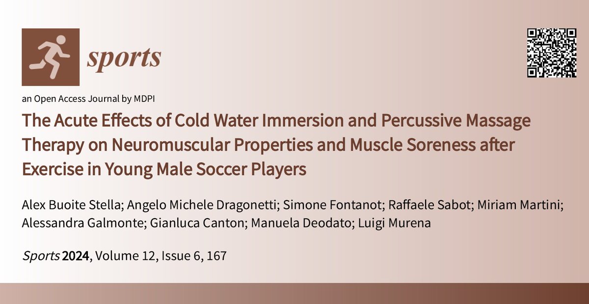 Sports_MDPI's tweet image. #MDPIsports Welcome to read this highly cited paper - The Acute Effects of Cold Water Immersion and Percussive Massage #Therapy on #Neuromuscular Properties and Muscle Soreness after Exercise in Young Male Soccer Players👇

Dr. Alex Buoite Stella et al.

brnw.ch/21x1chl